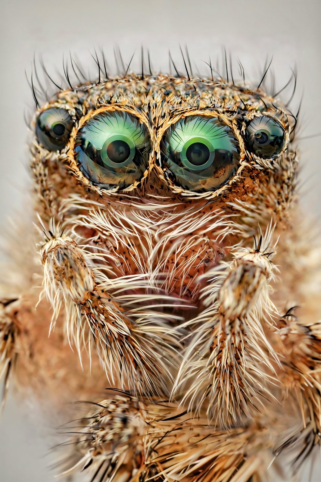 Retrato frontal de una araña saltícida, apilado de enfoque